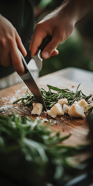 Kucharz siekający świeże zioła